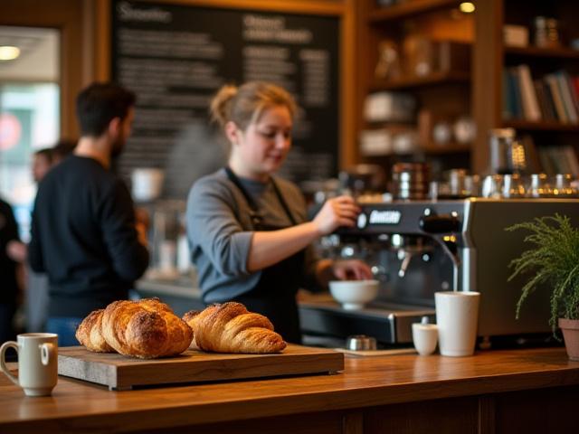 A rustic coffee bar within Canopy Chapters, with a barista preparing drinks and customers relaxing.