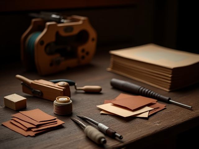 Tools of a bookbinder in a workshop: leather, thread, and an antique book press.